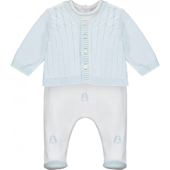 Emile et Rose AW25 Pale Blue 2Pc interlock All in One with bear emb and cable Cardi 1950PB Emile et Rose AW25 Pale Blue 2Pc interlock All in One with bear emb and cable Cardi 1950PB