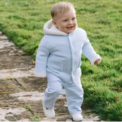 Emile et Rose AW25 Pale Blue Knitted Jacket, fur hood, sleeve trim and pom-pom 9336PB