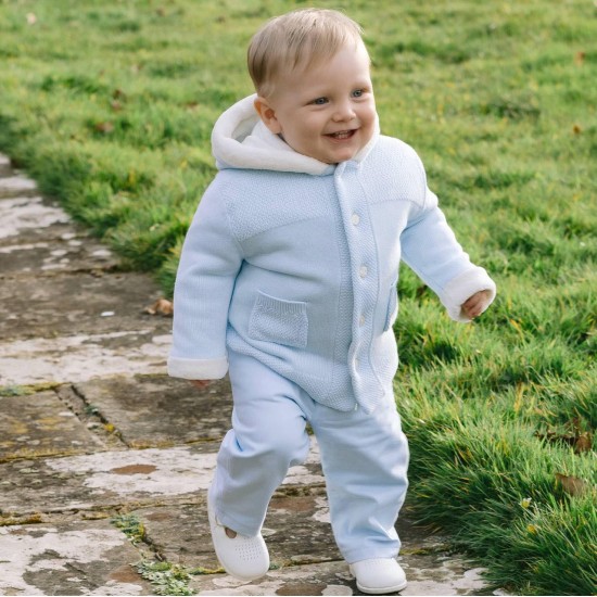 Emile et Rose AW25 Pale Blue Knitted Jacket, fur hood, sleeve trim and pom-pom 9336PB Emile et Rose AW25 Pale Blue Knitted Jacket, fur hood, sleeve trim and pom-pom 9336PB