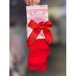 Girls Red Zig Zag Stitch and Satin Bow Tights 