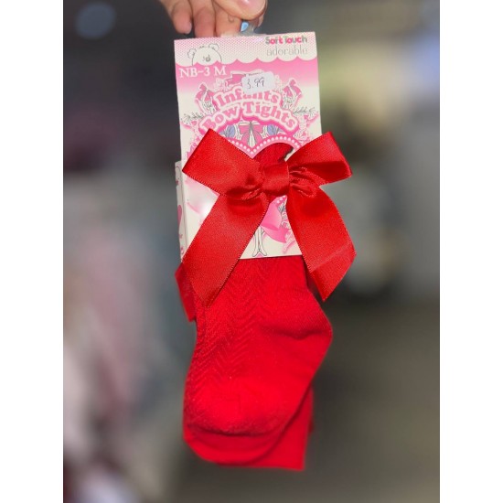 Girls Red Zig Zag Stitch and Satin Bow Tights 