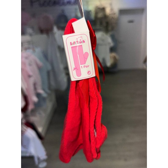 Girls Red Zig Zag Stitch and Satin Bow Tights 