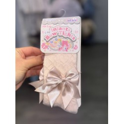 Girls Ecru Heart Stitch and Satin Bow Tights 