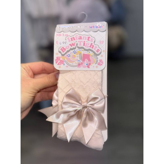 Girls Ecru Heart Stitch and Satin Bow Tights Girls Ecru Heart Stitch and Satin Bow Tights