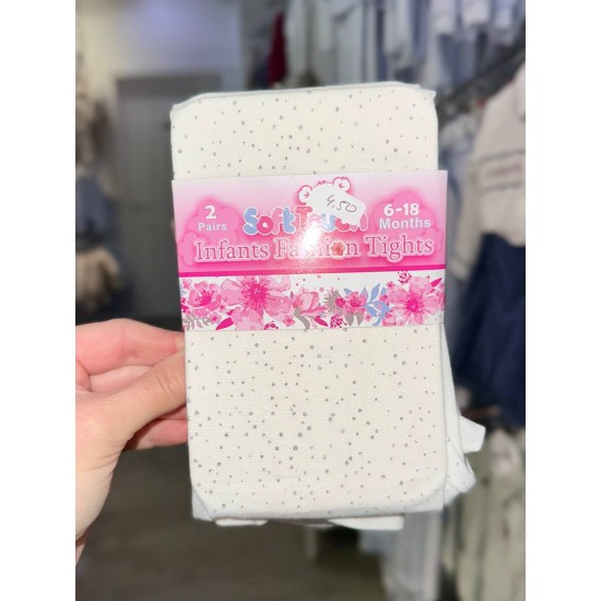 Girls Nylon Fashion Tights 2 pairs: plain white and white with silver glittery dots