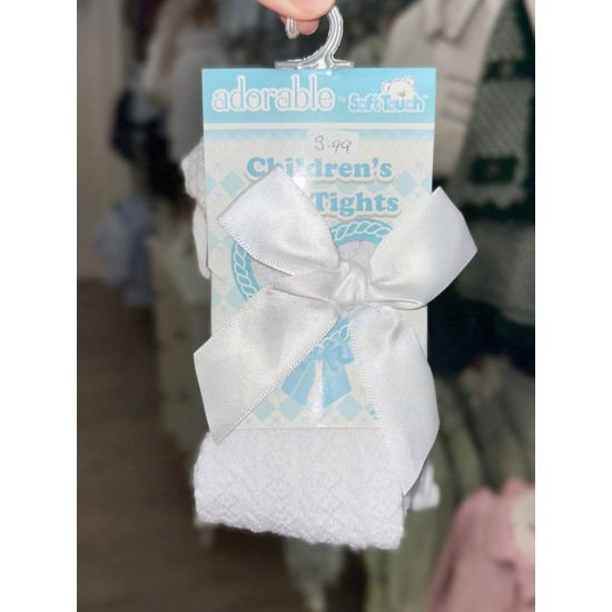 Girls White Satin Bow Tights 