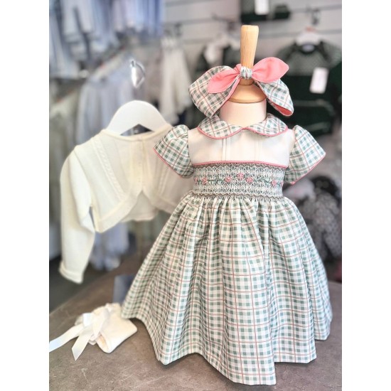 Pretty Originals AW25 Girls Green and Cream check dress and headband BD02363E Pretty Originals AW25 Girls Green and Cream check dress and headband BD02363E