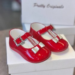 Pretty Originals Red Patent Pram Shoes with a Diamanté Buckle and silver Bow UE03286D