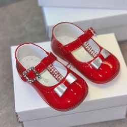 Pretty Originals Red Patent Pram Shoes with a Diamanté Buckle and silver Bow UE03286D