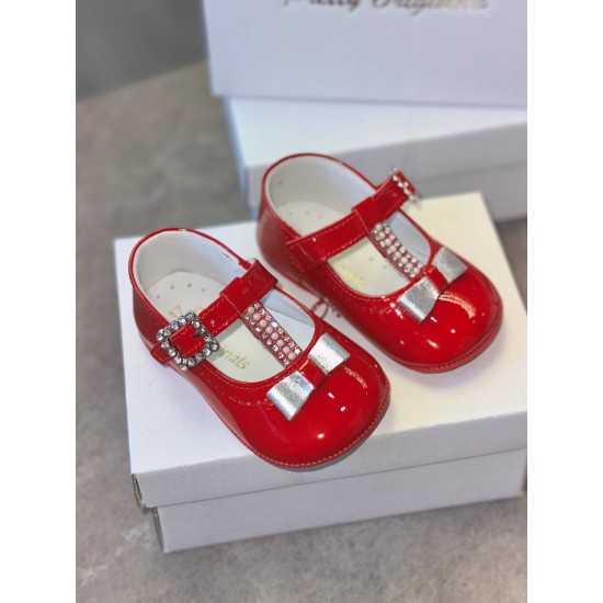 Pretty Originals Red Patent Pram Shoes with a Diamanté Buckle and silver Bow UE03286D