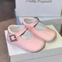 Pretty Originals Pink Patent Pram Shoes with a Diamanté Buckle UE02191A