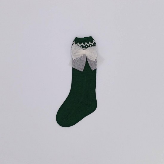 Rahigo AW25 Green/Cream Girls Socks with Tull Bow 252107