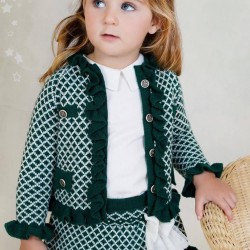 Rahigo AW25 Green/Cream Girls 3 pc set Skirt, Blouse, Cardigan 252102