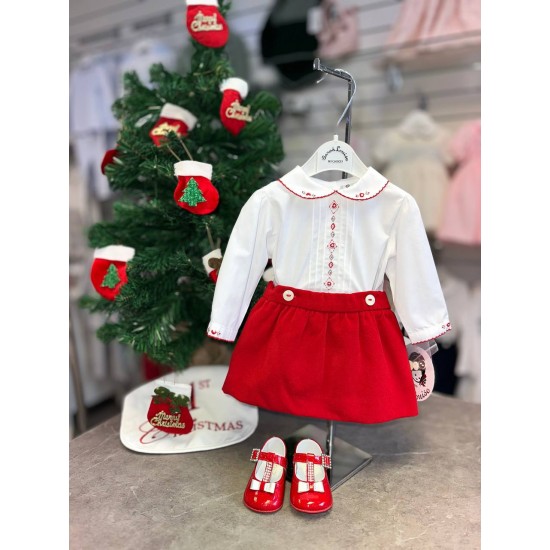 Sarah Louise AW25 Red and White Blouse and Skirt Set SA25-268