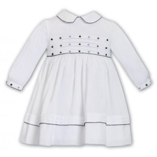 Sarah Louise AW25 013789-1 White Girls Dress with Navy Trim