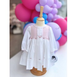 Sarah Louise AW25 07002 Girls White and Pink Dress