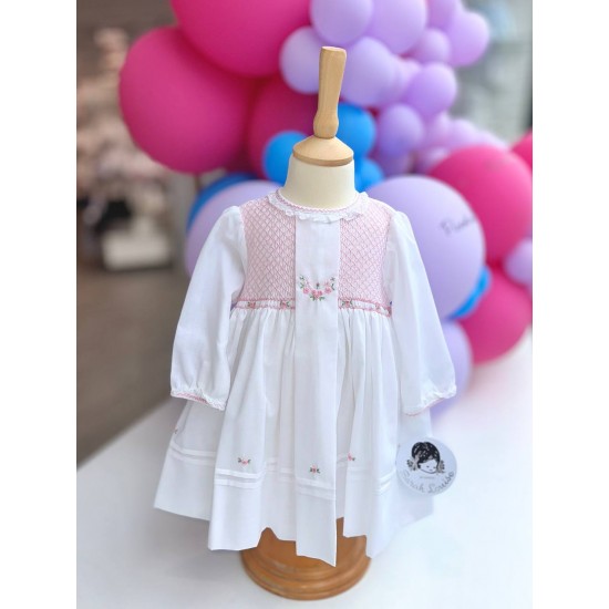 Sarah Louise AW25 07002 Girls White and Pink Dress