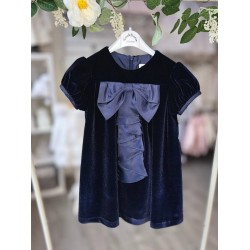 Sarah Louise AW25 Girls Navy Velvet Dress with Satin Bow SA25-222