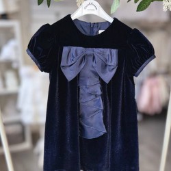 Sarah Louise AW25 Girls Navy Velvet Dress with Satin Bow SA25-222