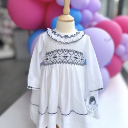 Sarah Louise AW25 013795 White and Navy Smocked Dress