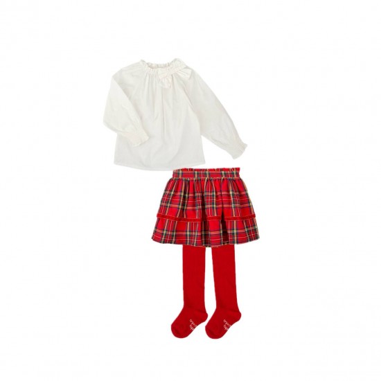 Tutto Piccolo AW25 Girls White/Red Blouse and Skirt& tights Set 3042/3673
