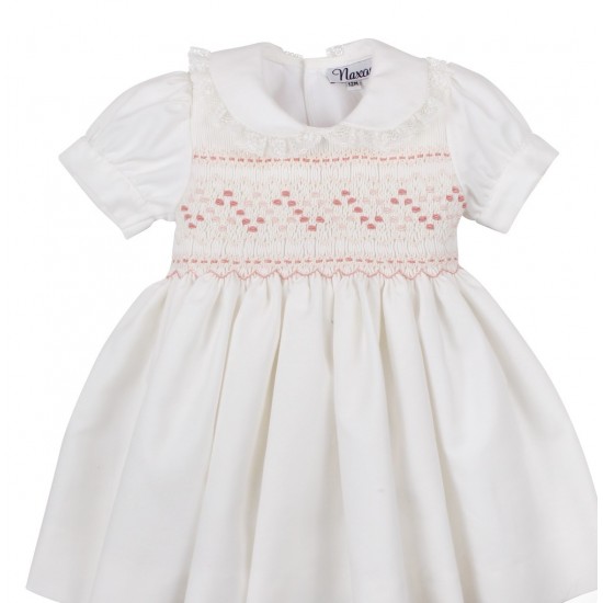 Naxos girls white smocked dress with beige details 7826 Naxos girls white smocked dress with beige details 7826