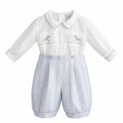 Pretty Originals boys blue/white all in one with rocking horse detail DL08187 Pretty Originals boys blue/white all in one with rocking horse detail DL08187