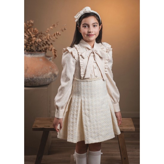 Rochy girls beige long sleeved dress with bow detail 26410