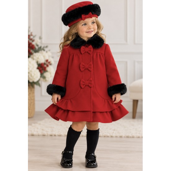Sarah Louise AW24 Girls Red Coat with Matching Hat 013538 Sarah Louise AW24 Girls Red Coat with Matching Hat 013538