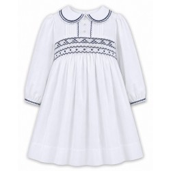 AW26 Sarah Louise white and navy smock dress long sleeved 