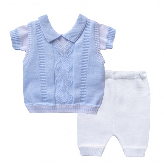 Pretty Originals SS24 Boys Blue & White 3 pc Knitted Trouser Set JPV6160E