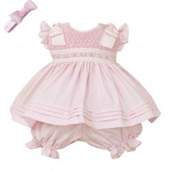 Pretty Originals SS24 Girls Pink Smocked Dress with Matching Pants and Headband MT02367E