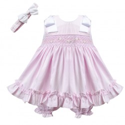 Pretty Originals SS24 Girls Pink & White Smocked Dress with Matching Pants and Headband MT02370E