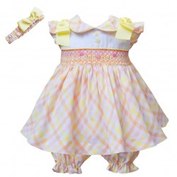 Pretty Originals SS24 Girls White Check Smocked Dress with Matching Headband and Pants MT02400E