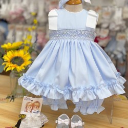 Pretty Originals SS24 Girls Blue & White Smocked Dress with Matching Pants and Headband MT02370E