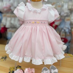 Pretty Originals SS24 Girls Pink & White Smocked Dress with Matching Pants and Headband MT02369E 