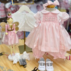 Pretty Originals SS24 Girls Peachy Pink  Smocked Dress with Matching Pants and Headband MT02220