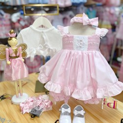 Pretty Originals SS24 Girls Pink Sleevless Smocked Dress with Matching Pants and Headband MT02182