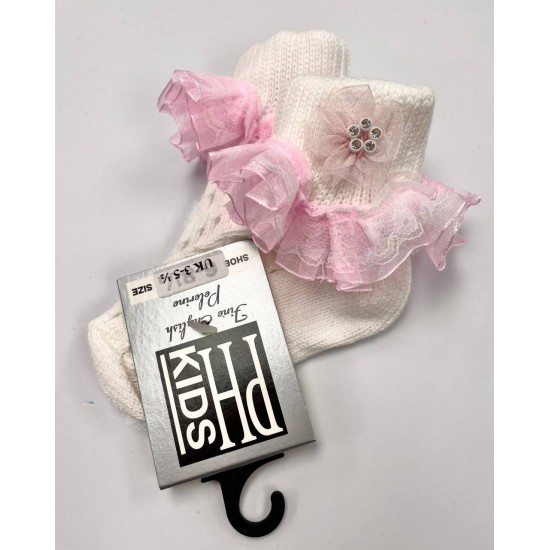 Pink Diamante Flower and Tulle Lace Harvey Ankle Socks Pink Diamante Flower and Tulle Lace Harvey Ankle Socks