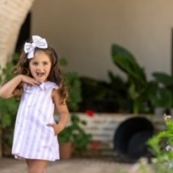 Babine SS25 Girls pink & white stripe dress with floral trim collar 2522811 Babine SS25 Girls pink & white stripe dress with floral trim collar 2522811