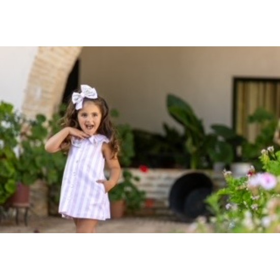 Babine SS25  Girls pink & white stripe dress with floral trim collar 2522811