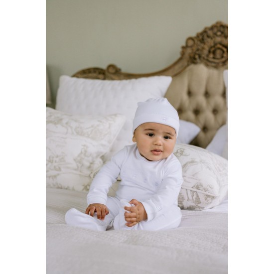 Emile et Rose SS25 White Interlock All in One with Emb Teddy and Hat 2588WH