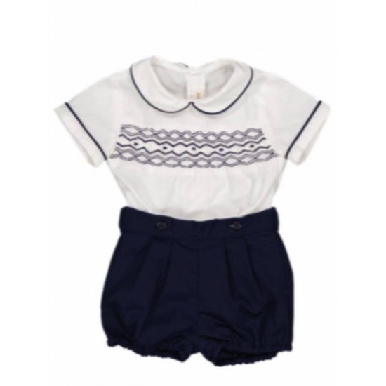 Kidiwi SS25 Boys White-Navy Smocked Shorts Set 34134 Kidiwi SS25 Boys White-Navy Smocked Shorts Set 34134