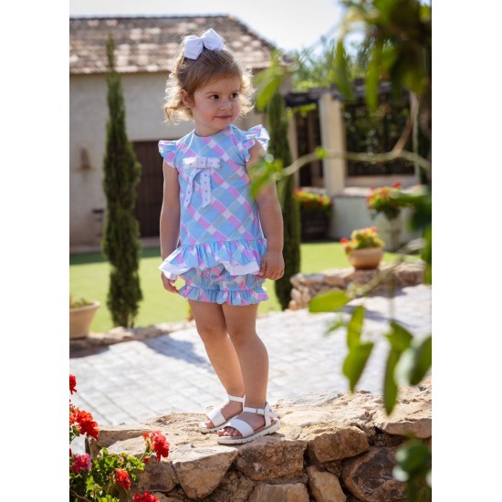 Rochy SS25 - Fluor Neon and Blue Checked Girls Shorts and Top Set 25361