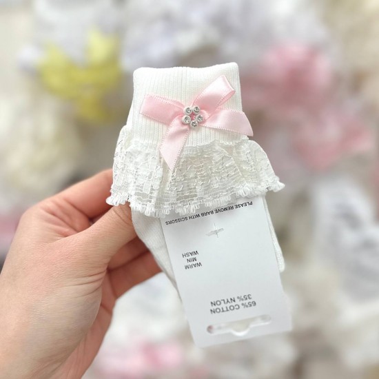 4. White/ Pink Diamante Bow and Tulle Lace Harvey Ankle Socks 4. White/ Pink Diamante Bow and Tulle Lace Harvey Ankle Socks