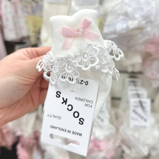 5. White/ Pink Bow and Lace Harvey Ankle Socks