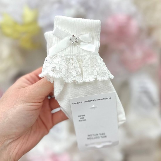 3. White/ White Diamante Bow and Tulle Lace Harvey Ankle Socks 3. White/ White Diamante Bow and Tulle Lace Harvey Ankle Socks