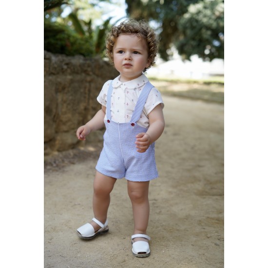Babine boys blue striped dungarees with anchor patterned shirt Babine boys blue striped dungarees with anchor patterned shirt