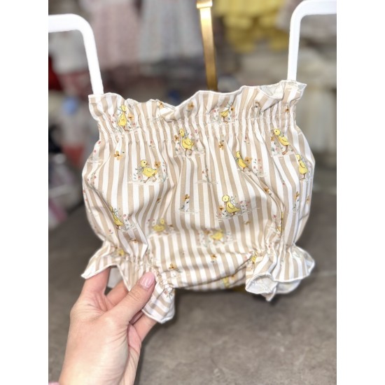 Babydif Girls White and Beige Striped Dress and Bloomers Set 866199