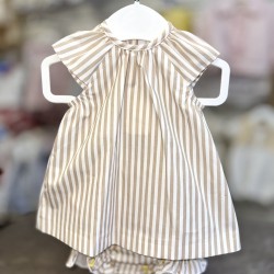 Babydif Girls White and Beige Striped Dress and Bloomers Set 866199